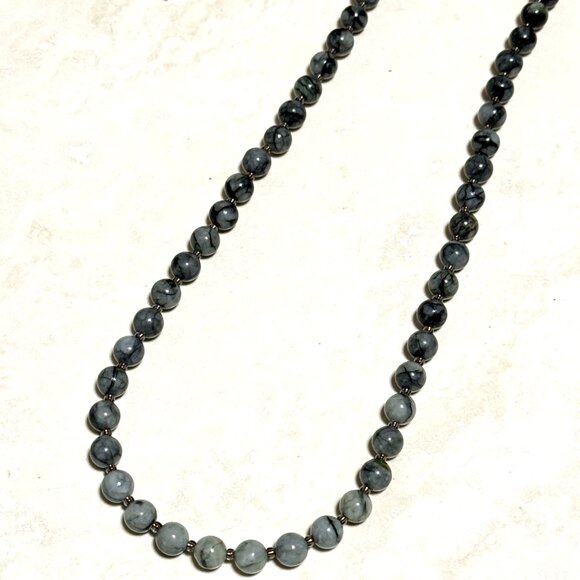 Dark Grey Marble Short Necklace, Genuine Gemstone Adjustable Beaded Necklace - Picture 5 of 10